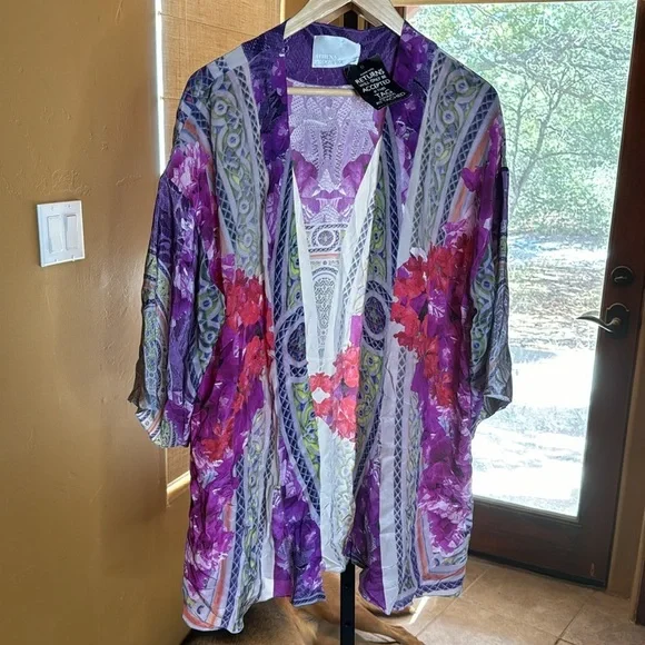 NWT Athena Procopiou Silk Garden Kimono Boho Luxe Floral Resort Cover Up OS - Picture 5 of 8